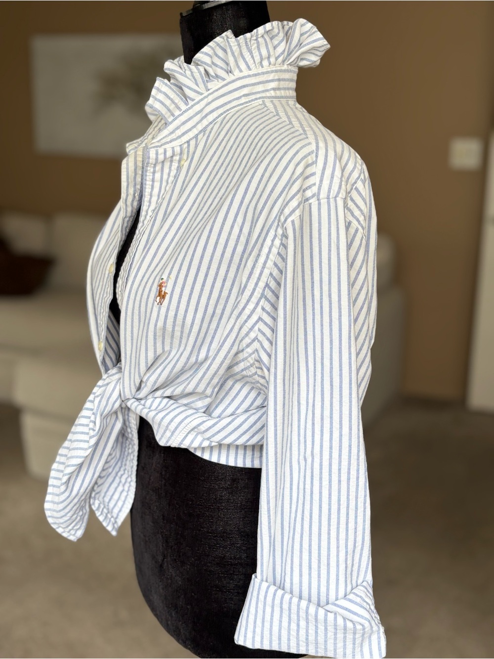 Reworked Ralph Lauren Blue Stripe Ruffle Collar Button-Up Top - Picture 3 of 15